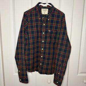 Abercrombie & Fitch Size XXL Muscle Slim Fit Plaid Button Up Navy Blue Red EUC